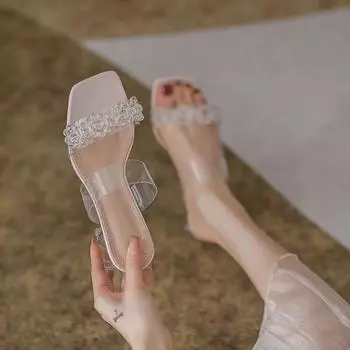 Модные туфли на каблуке со стразами для женщин 2024 года, летние женские тапочки, босоножки с открытым носком, белые кристаллы, прозрачные, свадебные 35