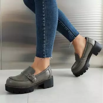 Модные туфли на низком каблуке, туфли-лоферы, женские, серые, черные, на каблуке, повседневные, с пряжкой, для офиса, женская обувь больших размеров 34 чёрный
