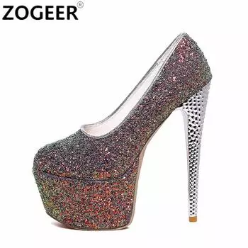 Модные туфли на очень высоком каблуке 16 см, женские туфли-лодочки на платформе, роскошные, с блестками, большого размера, сексуальные женские туфли на каблуке с круглым носком, для вечеринок, свадебных танцев 34 чёрный
