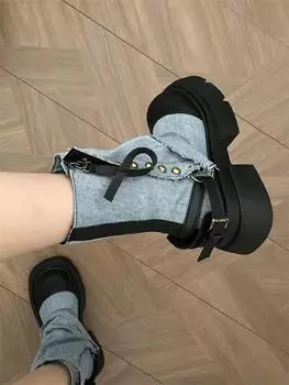 Модные туфли на платформе с заклепками из денима до середины голени, женские ковбойские сапоги с круглым носком, ковбойские полусапоги для женщин, новинка моды 2024 года, рабочая обувь 35