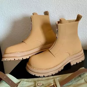 Модные туфли на платформе, женские сапоги, осенне-зимние мотоциклетные ботинки, ботильоны с молнией спереди, женские туфли из искусственной кожи на толстом каблуке 35 бежевый