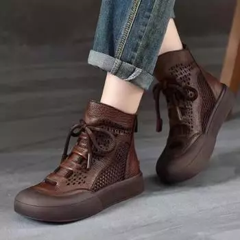Модные туфли на плоской подошве Дизайнерская женская обувь Ботильоны на сетчатой платформе 2024 года Осенняя мода Новые туфли на шнуровке Прогулочное платье Ретро Уютная женская обувь 35 чёрный