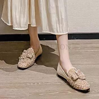 модные туфли на плоской подошве для женщин осень новые банты жемчуг женская обувь на плоской подошве ретро легкие повседневные мокасины Zapatillas Mujer 33 абрикосовый