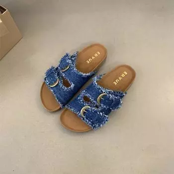 Модные туфли на плоской подошве для женщин. Тапочки на толстой подошве. 2024. Пляжные тапочки из мягкой римской резиновой ткани. Повседневная женская обувь в стиле ретро. 35 синий