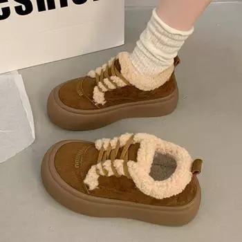 Модные туфли на плоской подошве из меха на платформе из замши для женщин, зимние плюшевые хлопковые повседневные спортивные туфли, зимние кроссовки 2025 года, трендовые беговые туфли с мелкой подошвой, модные ботинки для женщин 35 хаки