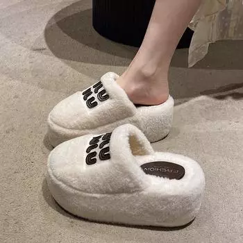 модные туфли на плоской подошве из меха женские замшевые тапочки на платформе теплые плюшевые хлопковые туфли брендовые мюли зимние шлепанцы 2025 тренд мода уютные zapatos mujer 34 бежевый