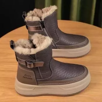 модные туфли на плоской подошве из меха для женщин на платформе и щиколотке, теплые плюшевые кожаные туфли на высоком каблуке, зимняя мода 2024 года, удобные повседневные ботинки для ходьбы, женские ботинки 35 хаки