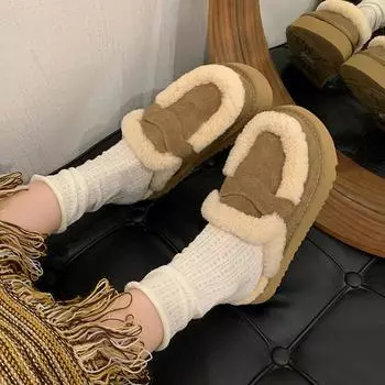 Модные туфли на плоской подошве из замши и хлопка, женские меховые тапочки 2025 года, трендовые зимние брендовые плюшевые шлепанцы на толстой подошве, пушистые, теплые, зимние Botas Mujer 35 хаки