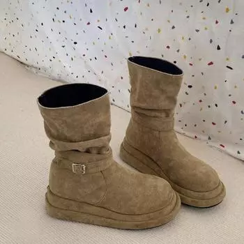 Модные туфли на плоской подошве из замши на щиколотку для женщин, зимние ботинки на платформе, теплые плюшевые хлопковые туфли, зимние 2025 года, трендовые готические удобные нескользящие ботинки для ходьбы Mujer 35 хаки