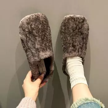 Модные туфли на плоской подошве из замши, женские тапочки, туфли на платформе из хлопка с квадратным носком, зимние плюшевые теплые шлепанцы, тренд 2025 года, Zapatos Mujer 35 серый