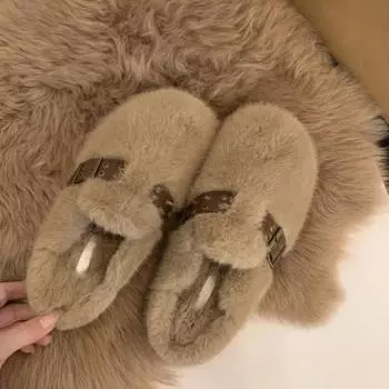 Модные туфли на плоской подошве, мюли, меховые женские тапочки на платформе, зима 2024, новые брендовые теплые повседневные шлепанцы, короткие плюшевые домашние туфли для прогулок, женские ботинки 35 хаки