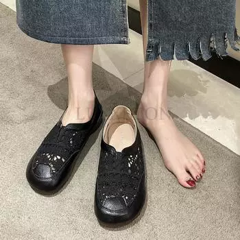 Модные туфли на плоской подошве, повседневные, кружевные, женские, из хлопка и льна, белые, летние, ретро, дышащие, неглубокие, без застежек, для ходьбы, женские 35 бежевый