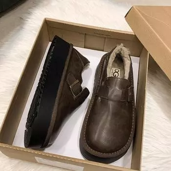 Модные туфли на плоской подошве, повседневные туфли из хлопка, женские мокасины, плюшевые теплые зимние ретро-кеды из мягкой кожи 2024 года, трендовые меховые зимние ботинки Mujer 35 чёрный