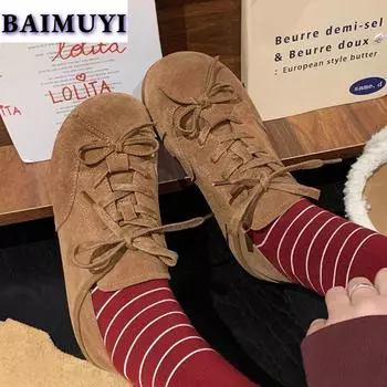 модные туфли на плоской подошве с бантом, повседневные женские кроссовки, замшевые туфли-мюли, женские брендовые туфли-лоферы 2024 года, осенние спортивные туфли в стиле Лолита на шнуровке, платье Zapatillas De Mujer 35 хаки