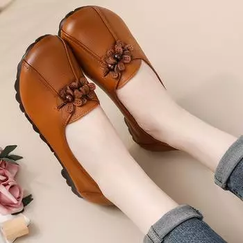 Модные туфли на плоской подошве с цветочным узором и круглым носком, однотонные, винтажные, из натуральной кожи, женские балетки ручной работы CN 35 коричневый