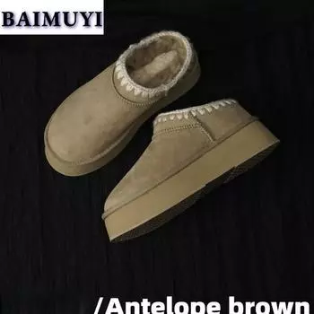 Модные туфли на плоской подошве с мехом, женские ботильоны на платформе, брендовые дизайнерские хлопковые туфли, женские мюли 2025 года, зимние замшевые теплые плюшевые шлепанцы 35 хаки