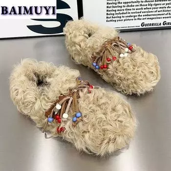 модные туфли на плоской подошве с меховыми бусинами женские ботильоны повседневная обувь 2025 тренд бахрома зима новые зимние ботинки челси кроссовки дизайнерские удобные женские ботинки 35 чёрный