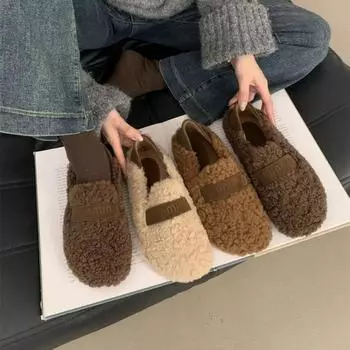 Модные туфли на плоской подошве с металлической пряжкой AJGS, теплые хлопковые мокасины, кудрявый овечий мех, зимняя женская обувь Mary Janes 2024 года, роскошная дизайнерская обувь 35 коричневый