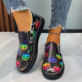 Модные туфли на плоской подошве с принтом на Хэллоуин для женщин в Европе и Америке 2024 г. Новые повседневные туфли на толстой подошве с тыквой Большие кроссовки 36-43 36 тыква