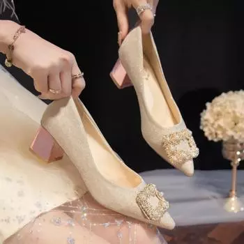 Модные туфли на плоской подошве с жемчужным квадратным каблуком, женские туфли-лодочки на среднем каблуке, блестящие туфли для вечеринок, женские, черные, золотые, с кристаллами, пряжкой, Zapato De Mujer 35 золотой