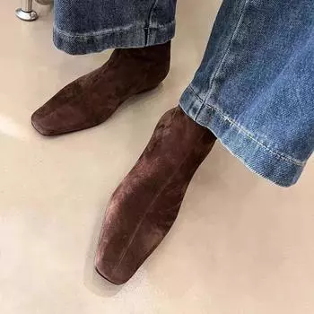 Модные туфли на плоской подошве женские ботильоны с квадратным носком модные замшевые прогулочные туфли 2024 зимние новые тенденции дизайнерское платье готические ботинки женские 35 коричневый