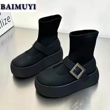 модные туфли на плоской подошве женские ботильоны на платформе туфли Мэри Джейн 2025 теплая зимняя обувь новые ботинки челси в стиле Лолита повседневные дизайнерские хлопковые ботинки 35 бежевый