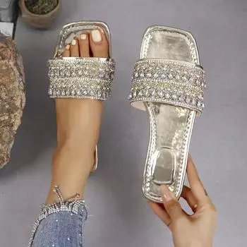 модные туфли на плоской подошве женские роскошные пляжные туфли с кристаллами летние сандалии женские новые шлепанцы повседневные шлепанцы 36 золотой