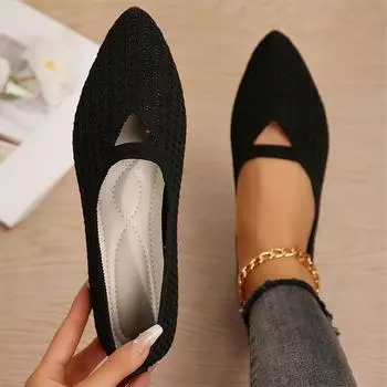 модные туфли на плоской подошве женские туфли с острым носком осенние вязаные повседневные туфли 2024 модные прогулочные туфли удобные трендовые платья женские туфли 36 чёрный