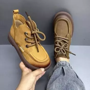 Модные туфли на плоской подошве, женские туфли из натуральной кожи с круглым носком, прошитые, на шнуровке, на толстой подошве, на низком каблуке, ручной работы, большого размера 35 жёлтый