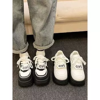 Модные туфли на шнуровке из искусственной кожи 2024 года, черные, белые, увеличивающие рост, маленькие кожаные туфли, толстая подошва, кроссовки для женщин 35 белый