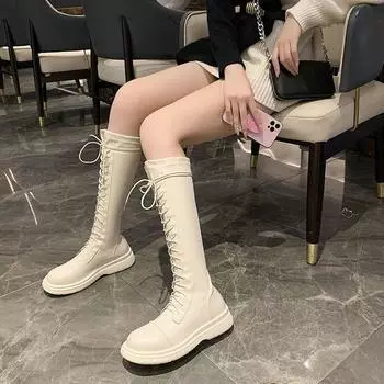 Модные туфли на шнуровке с круглым носком и высоким голенищем, женские кожаные длинные сапоги на плоской подошве со шнурками для женщин, тренд 2024 года, весна, готика, осень, новинка 35