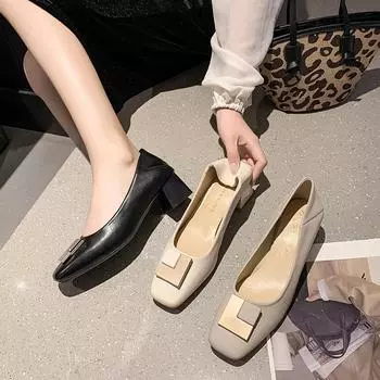 Модные туфли на среднем каблуке 3 см, женские туфли-лодочки из натуральной кожи с квадратным носком, женские туфли-лоферы с металлической пряжкой, офисные туфли 2024 38 бежевый