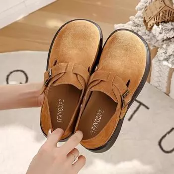 Модные туфли на среднем каблуке с квадратным каблуком, женские туфли без застежек и круглым носком, распродажа 2024 года, модные туфли-лодочки на весну/осень с пряжкой, однотонные, повседневные туфли-лодочки 35 коричневый