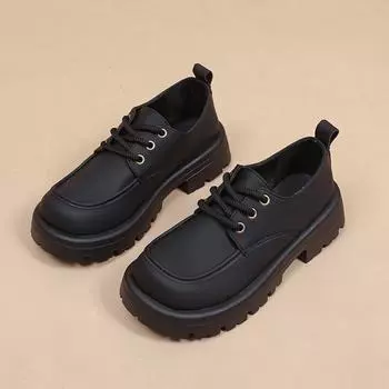 Модные туфли на среднем каблуке с квадратным каблуком, с круглым носком, на шнуровке, женская обувь 2024 года, высококачественные туфли-лодочки на весну/осень с перекрестными шнурками, однотонные, повседневные туфли 35 чёрный