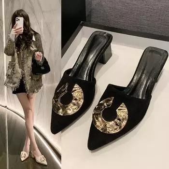 Модные туфли на среднем каблуке, сандалии с острым носком, элегантные туфли-лодочки с открытой пяткой, женская обувь, массивные, новые тенденции для вечеринок, Zapatillas Mujer 35 бежевый