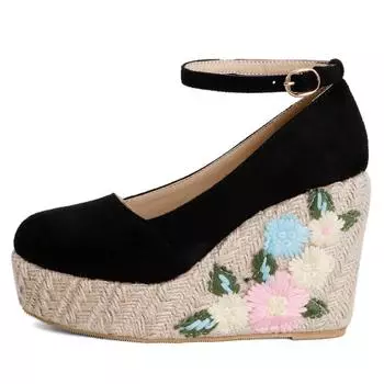 Модные туфли на танкетке большого размера 45 для женщин с вышивкой на высоком каблуке, женские туфли-лодочки на платформе с ремешками на щиколотке, вязаные розовые туфли для свадебной вечеринки 34 бежевый