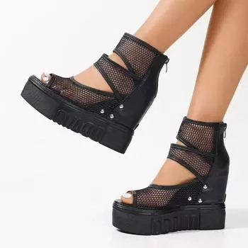 Модные туфли на танкетке для женщин 2024 года, летние полые дышащие женские модные сандалии, большой размер 42, сексуальные туфли с открытым носком и рыбьим ртом 35 чёрный