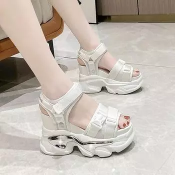 Модные туфли на толстой подошве 10 см, сандалии, женские летние босоножки на высокой платформе, дышащие туфли на танкетке, женские пляжные тапочки 34