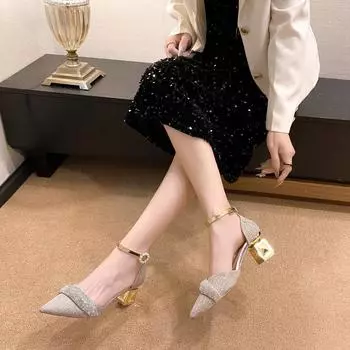 Модные туфли на толстом каблуке, новые заостренные женские туфли Baotou со стразами и мелким носком, темпераментные одинарные туфли 34 серебряный