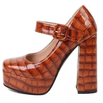 Модные туфли на толстом очень высоком каблуке, туфли-лодочки на платформе, сексуальные с принтом, черные, коричневые, женские туфли на каблуке для вечеринок, офиса, танцев, большой размер 45 35 чёрный