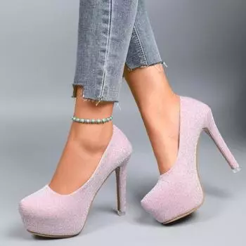 Модные туфли на высоком каблуке 42 размера для женщин 2024 года, новые туфли на шпильках с круглой головкой, водонепроницаемые, на низкой платформе, для женщин, одинарные туфли, свадебные туфли для невесты 34 серебряный