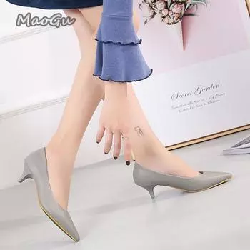 Модные туфли на высоком каблуке 5 см женские туфли-лодочки 2024 весна осень микрофибра черные туфли на шпильке рабочая профессиональная обувь повседневные туфли без застежек женские туфли 34 серый