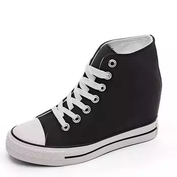 Модные туфли на высоком каблуке 8 см Повседневная парусиновая обувь Платформа Клинья Высокие женские туфли на скрытом каблуке-танкетке Увеличивающие каблуки 34 чёрный