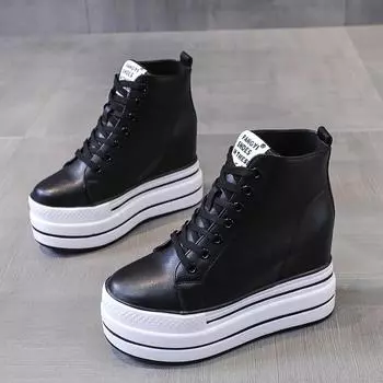 Модные туфли на высоком каблуке 9 см, женская повседневная обувь 2024 года, женская обувь на танкетке со шнуровкой, спортивные женские кроссовки, осенние туфли на платформе, белые и черные 34 чёрный