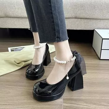Модные туфли на высоком каблуке, элегантные женские туфли на толстом каблуке, туфли Мэри Джейн на толстой подошве, украшенные бисером и бантом, женские туфли на высоком каблуке для вечеринок, модные и универсальные 34 бежевый