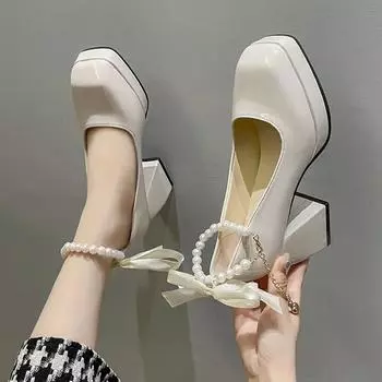 Модные туфли на высоком каблуке больших размеров для женщин 2024 года, осенние туфли Мэри Джейн с цепочкой и толстым каблуком, туфли-лодочки на платформе, модные туфли для платья 35 бежевый