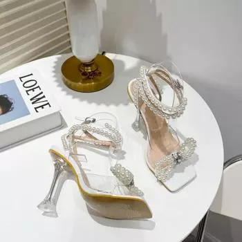Модные туфли на высоком каблуке для женщин 2024 года, новые босоножки на шпильках с кристаллами и жемчугом, прозрачные женские туфли Zapatos Mujer 35 белый