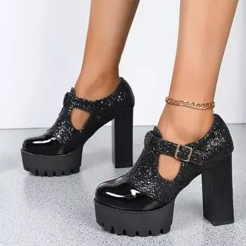 Модные туфли на высоком каблуке на платформе, блестящие женские туфли, осенняя модная обувь для ходьбы, женские туфли 2024 года, туфли-лодочки, вечернее платье, Mujer Zapatos 36 чёрный