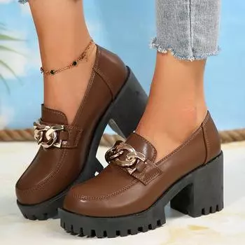 Модные туфли на высоком каблуке с цепочкой, женские туфли-лоферы, кожаные туфли на толстом каблуке, модные туфли для ходьбы, женские туфли-лодочки 2024 года, элегантные туфли-лодочки Zapatillas, женские 35 коричневый