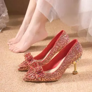 Модные туфли на высоком каблуке с кристаллами, милые босоножки Мэри Джейн с бантом, женские босоножки 2024 года, новые осенние туфли-лодочки для вечеринок в стиле Лолита-муджент 34